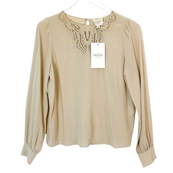 SEZANE Carlotta Blouse Size 34 US 2 NWT Cream Open Lace Longsleeve Top Shirt - Picture 2 of 9